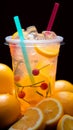 A colorful background complements a zesty lemonade cocktail in a plastic cup