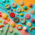 A colorful background composed of a variety of candies. Generative Ai