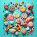 A colorful background composed of a variety of candies. Generative Ai