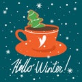 Colorful background, cup, gingerbread, snow. Decorative cute backdrop. Merry Christmas, festal greeting card. Hello winter