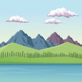 Colorful background with daytime mountain valley landscape and lake