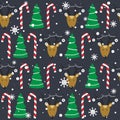 Colorful seamless pattern with deers, fir trees, candy canes, snow. Decorative cute background, funny animals. Happy New Year Royalty Free Stock Photo