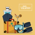 Colorful background of enjoy vacation with luggage and cruise ship and cocktail and snorkel and fins Royalty Free Stock Photo