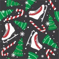 Colorful seamless pattern with figure skates, fir trees, candy canes, snow. Decorative cute background. Winter time Royalty Free Stock Photo