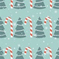 Colorful seamless pattern with fir trees, candy canes, snow. Decorative cute background, winter. Happy New Year Royalty Free Stock Photo