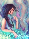 Colorful background with girl and waves