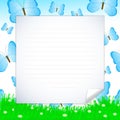 Colorful background with grass, blue butterflies, flowers Royalty Free Stock Photo