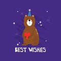 Colorful background with happy bear, heart, english text. Best wishes. Decorative cute backdrop with funny animal. Happy birthday Royalty Free Stock Photo