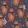 Colorful samless pattern with happy bears, hearts. Decorative cute background with animals Royalty Free Stock Photo