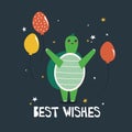 Colorful background, happy turtle, air balloons, english text. Decorative cute illustration with animal. Best wishes Royalty Free Stock Photo