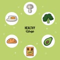 Colorful background of healthy lifestyle with set of food in round frames of fried egg mushroom broccoli avocado cereals