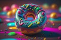 A colorful background highlights a macro shot of a neon donut. AI
