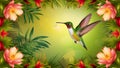 Colorful background with hummingbird in flight among tropical flowers Royalty Free Stock Photo