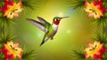 Colorful background with hummingbird in flight among tropical flowers Royalty Free Stock Photo