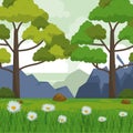 Colorful background with landscape of mountains trees and field with daisy flowers