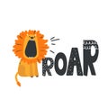 Colorful background with lion, english text. Roar. Decorative cute backdrop with animal