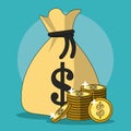 Colorful background with money bag and stacked coins