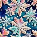 Colorful background with paper texture, colorful and stylized snowflakes, watercolor art style - Seamless texture tiles