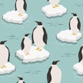 Colorful seamless pattern with penguins on the ice floes. Decorative cute background with sea birds