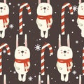 Colorful seamless pattern with rabbits, candy canes, snow. Decorative cute background with animals. Happy New Year