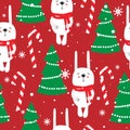 Colorful seamless pattern with rabbits, fir trees, candy canes, snow. Decorative cute background with animals. Happy New Year Royalty Free Stock Photo