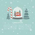 Colorful background, snow globe and place for text. Red bus, gifts, fir trees, candy cane. Happy New Year, festal greeting card Royalty Free Stock Photo
