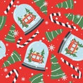 Colorful seamless pattern with snow globe, red bus with gifts, fir trees, candy canes. Decorative cute background. Happy New Year Royalty Free Stock Photo