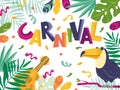 Colorful carnival wallpaper with toucan, guitar, tropical leaves, lettering and confetti