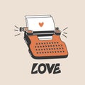 Colorful background with typewriter, sheets of paper and english text. Love. Decorative romantic illustration Royalty Free Stock Photo