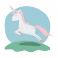 Colorful background with unicorn jumping in hill