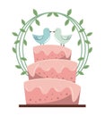 Colorful background with wedding cake and pigeons and floral decoration