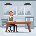 Colorful background workplace office with executive man sitting in a table desk in front of computer Royalty Free Stock Photo