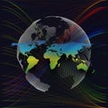 Colorful background with world map, abstract waves, lines. Royalty Free Stock Photo