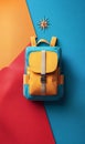 Colorful backpack arrangement on a vibrant geometric background for creatives Royalty Free Stock Photo