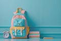 Colorful backpack with books and alarm clock on blue backgroundBack to school concept Royalty Free Stock Photo