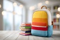 Colorful Backpack Next to a Stack of Notebooks on a Wooden Table Surrounded by Soft Blurred Lights Royalty Free Stock Photo