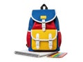 Colorful backpack with notebook and pens isolated on white background Royalty Free Stock Photo