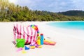 Beach bag with swimming accessories. Sea vacation. Royalty Free Stock Photo