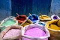 Colorful bags of dyes in chefchaouen morocco