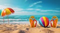 Colorful Ball and Flip Flops at Beach Royalty Free Stock Photo