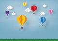 Colorful Ballon and Cloud in the blue sky with paper art design , vector design element and illustration