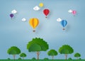 Colorful Ballon and Cloud in the blue sky,tree on the grass with paper art design , vector design element and illustration
