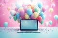 colorful balloon with laptop digital technology background by generative AI. Royalty Free Stock Photo