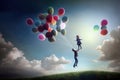 A colorful balloon soars through the sky, its long ribbon fluttering with kids, dreaming fantasy image. Ai generated