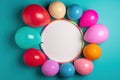 colorful balloons around a round empty canvas on a blue background Royalty Free Stock Photo