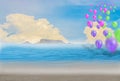 Colorful balloons on the beach, blue sky and islands. Royalty Free Stock Photo