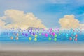 Colorful balloons on the beach, blue sky and islands. Royalty Free Stock Photo