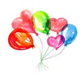 Colorful balloons. Bkue, red, green round and heart shape helium balloons. Hand drawn watercolor sketch illustration