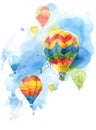 Colorful Balloons Blue Sky Watercolor Illustration Hand Painted Royalty Free Stock Photo