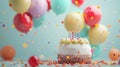 Colorful Balloons And Cake with candles, birthday party